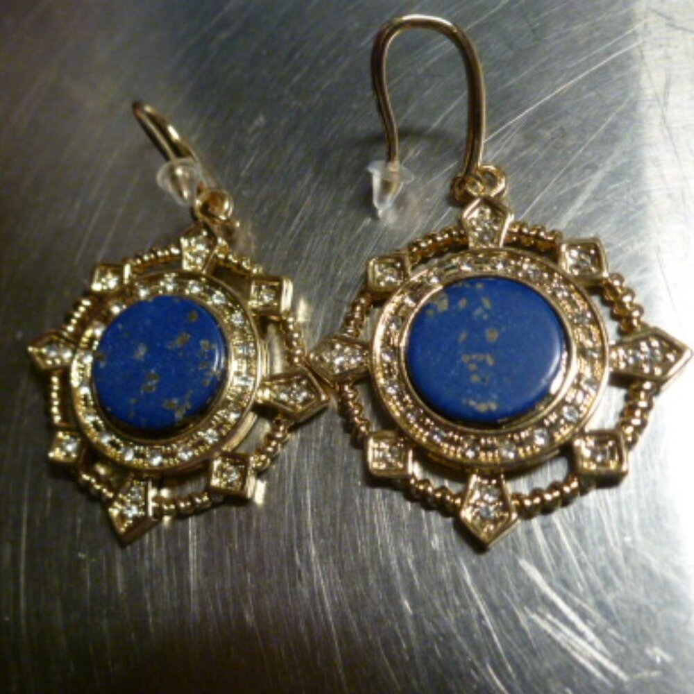 NEW blue Lapis rhinestone medallion dangle earrings - Picture 2 of 5